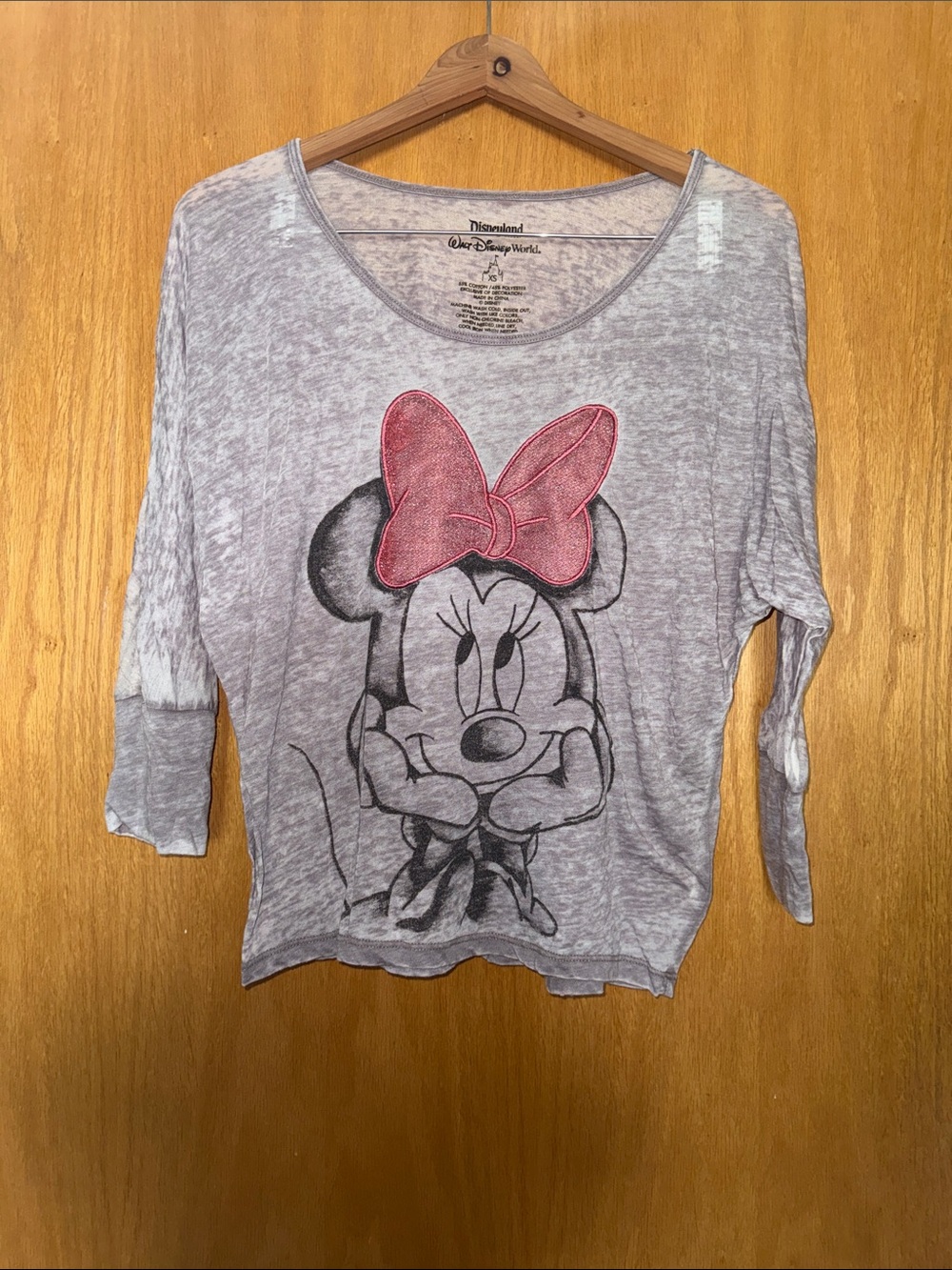Disney Minnie Mouse Sheer Heather Gray Top with Pink Bow